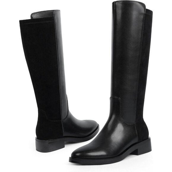 Women Polyurethane Stretch-black Round Toe Flat Heel Side Zipper Knee High Boots - Picture 3 of 7